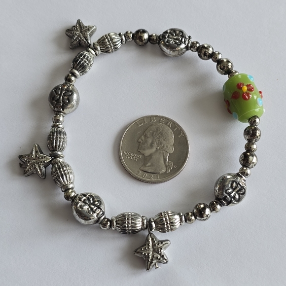 Handmade bracelet lamp work glass bead silver tone stretch stretchy - Picture 5 of 10